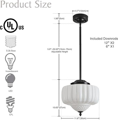 FCTWAKS Schoolhouse Pendant Light, 12" Black Schoolhouse Ceiling Light Fixture with Milk Glass White Shade, Adjustable Height, Mid Century Modern Pendant Lighting for Kitchen Island Dining Room