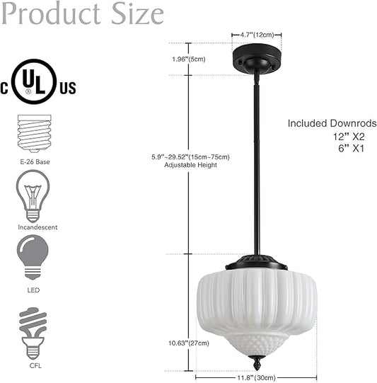 FCTWAKS Schoolhouse Pendant Light, 12" Black Schoolhouse Ceiling Light Fixture with Milk Glass White Shade, Adjustable Height, Mid Century Modern Pendant Lighting for Kitchen Island Dining Room