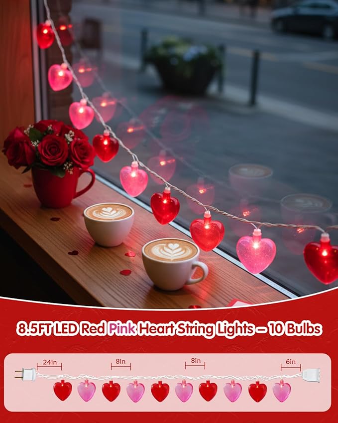 SUNSGNE Heart String Lights, 8.5Ft Valentines Lights with 10 LED Red and Pink Heart Bulbs for Indoor Outdoor Home Room Party Wedding Mother's Day Valentine's Decor