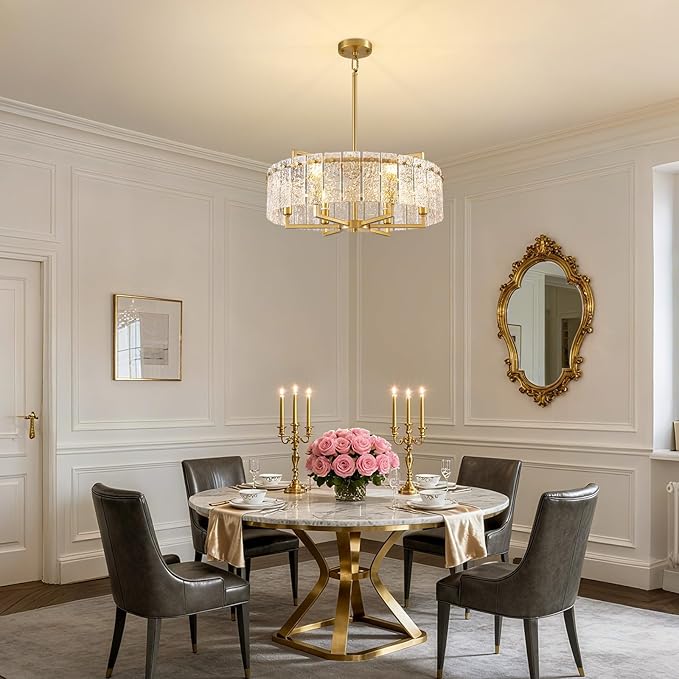 23.62" Gold Water Ripple Glass Chandeliers, 6-Light Modern Round Chandelier, Luxury Drum Chandelier Lighting Fixtures for Living Room Dining Room Kitchen Bedroom Foyer Hotel