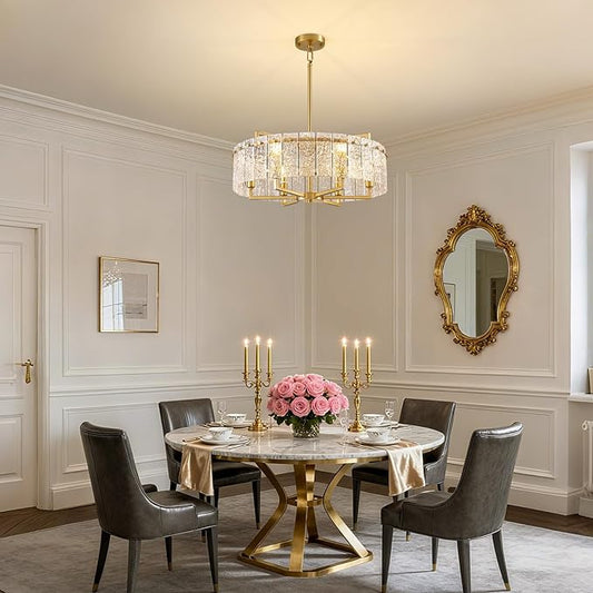 23.62" Gold Water Ripple Glass Chandeliers, 6-Light Modern Round Chandelier, Luxury Drum Chandelier Lighting Fixtures for Living Room Dining Room Kitchen Bedroom Foyer Hotel