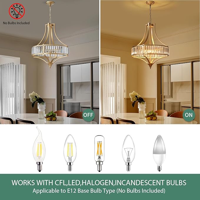 Modern Gold Crystal Chandelier, 6-Light Round Pendant Lighting Fixtures, 21.6" Height Adjustable Ceiling Light for Living Room, Kitchen, Dining Room