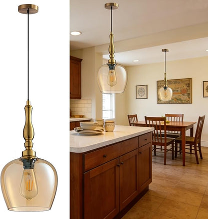 Modern Pendant Light Kitchen Island, Boho Chandelier, 7.87" Bell Shape Hanging Lamp Ceiling Lighting Fixture with Glass Lampshade (Amber)