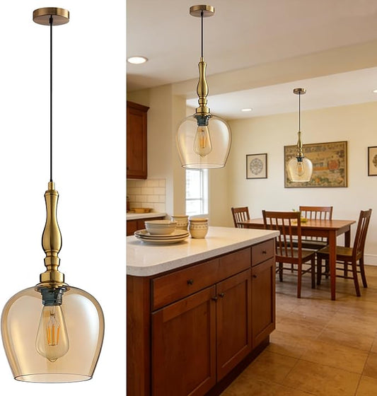Modern Pendant Light Kitchen Island, Boho Chandelier, 7.87" Bell Shape Hanging Lamp Ceiling Lighting Fixture with Glass Lampshade (Amber)