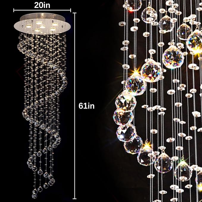 Modern Contemporary Swirl Chandelier Lighting for Foyer Dining Room Kitchen Chandelier Fixture Ceiling Light Rain Drop with All Crystal Balls D20'' X H61'' of CRYSTOP