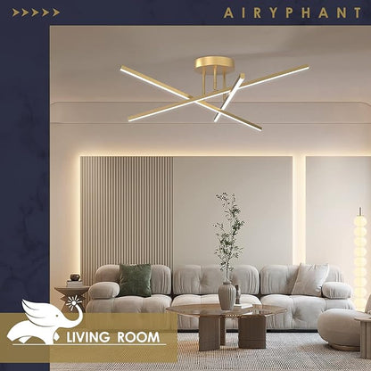 Gold LED Chandelier, 3-Lights Modern Semi Flush Mount Ceiling Lighting Fixture for Kitchen Dining Room Foyer Entry Bedroom, 23.82” 24W