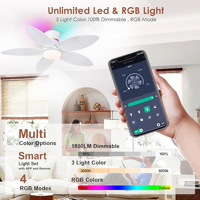 Tropical Palm Leaf RGB Ceiling Fans with Lights 46”, White Flush Mount Ceiling Fan with Light and Remote, 3CCT Dimmable LED&&Side RGB Light, Reversible 6 Speeds, Quite Low Profile Ceiling Fan Party
