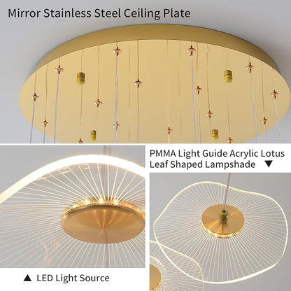 ziidoo High Ceiling Chandelier - 38-Light Dimmable Modern Gold Long Spiral Luxury Linear Lotus Leaf Led Lamp Hanging Pendant Lights for Foyer Enterway Staircase Villas