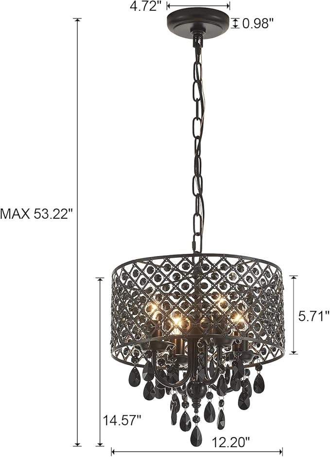 VILUXY Crystal Chandelier for Dining Room Black Smoke Ceiling Pendant Lighting Modern Crystal Hanging Light Fixture Small Drum Chandelier with Chain Mid-Century for Foyer