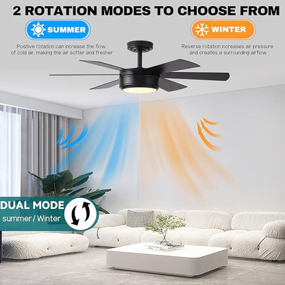 SHOWDI Ceiling Fan with Lights and Remote, 6 Blade App Control Timer Reversible Stepless Brightness and Color Temperature Outdoor Wood Ceiling Fan with Lights (Black, 42 Inch)