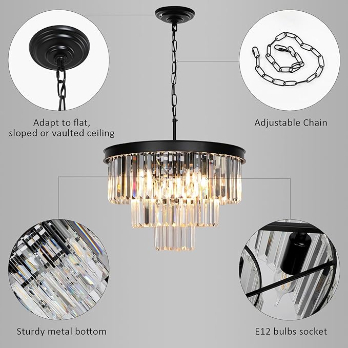Weesalife Crystal Chandeliers for Dining Room Lights Fixtures, 9 Lights Black Modern Chandeliers for Bedroom, 3-Tier Round Crystal Lighting Fixtures for Living Room Entryway Kitchen Island D20 Inch