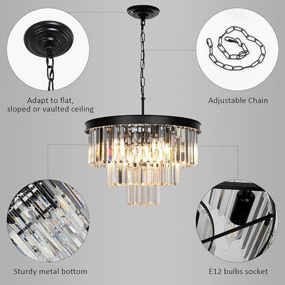 Weesalife Crystal Chandeliers for Dining Room Lights Fixtures, 9 Lights Black Modern Chandeliers for Bedroom, 3-Tier Round Crystal Lighting Fixtures for Living Room Entryway Kitchen Island D20 Inch