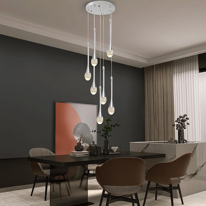 Modern Crystal Chandelier 7-Lights Chrome, H60'' High Ceiling Spiral Dimmable LED Bubble Crystal Raindrop Light Fixture for Foyer Entryway Dining Room Remote Control