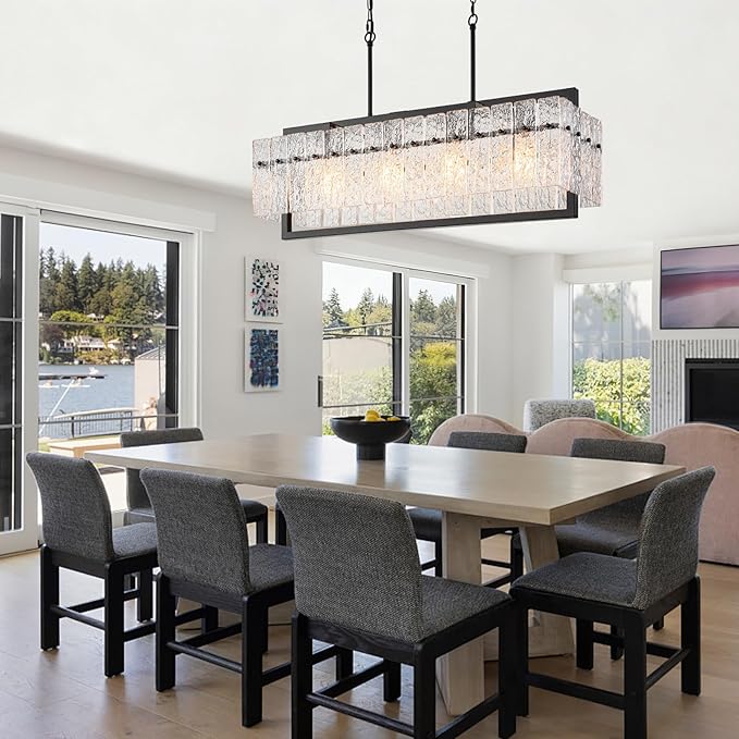 Modern Large Rectangle Chandeliers for Dining Room, 4 Lights Black Crystal Kitchen Island Lighting with Water Ripple Glass, Linear Farmhouse Pendant Light Fixture Over Table UL Listed