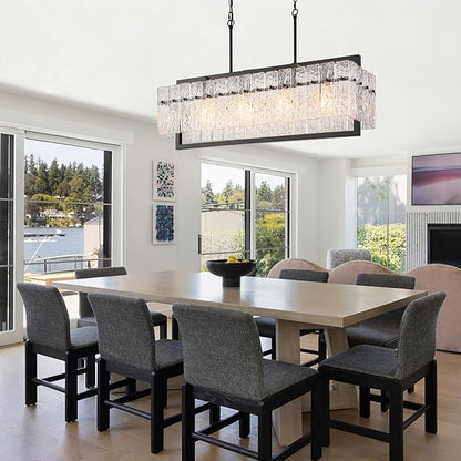 Modern Large Rectangle Chandeliers for Dining Room, 4 Lights Black Crystal Kitchen Island Lighting with Water Ripple Glass, Linear Farmhouse Pendant Light Fixture Over Table UL Listed