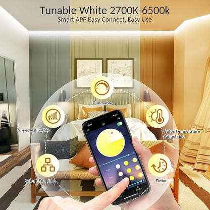 Wefomey White LED Strip Lights, 100ft Dimmable Bright 24V Led Tape Light with Remote and App Control, 2700K-6500K White 1800 LEDs Lights for Bedroom, Kitchen, Ceiling (2 Rolls of 50ft)