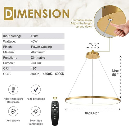 Brushed Gold LED Ring Chandelier 1-Ring 24" Remote Control Dimmable Flush Mount Pendant Chandelier for Dinning Room Office Kitchen Living Room,3000-6500K