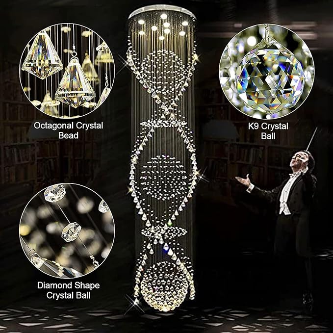 7PM Chandelier for Staircase, Crystal Foyer Chandelier High Ceiling, Modern Raindrop Chandeliers Flush Mount Ceiling Light Fixture for Spiral Staircase, Foyer, Entryway, High Ceiling W25.6 X H 98.4"