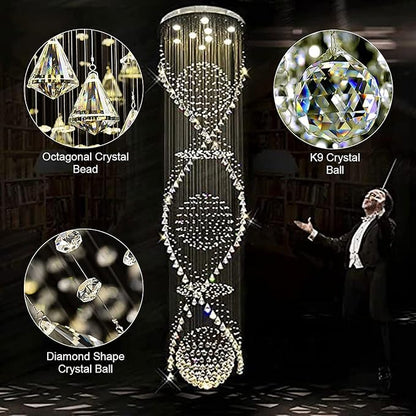 7PM Chandelier for Staircase, Crystal Foyer Chandelier High Ceiling, Modern Raindrop Chandeliers Flush Mount Ceiling Light Fixture for Spiral Staircase, Foyer, Entryway, High Ceiling W25.6 X H 98.4"