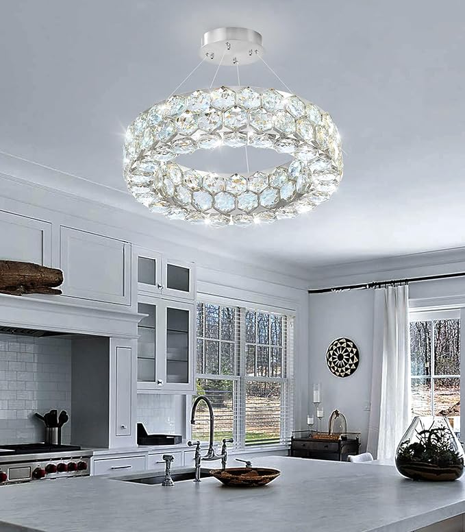 Crystal Chandeliers Modern Rings Pendant Light LED Dimmable Ceiling Light for Bedroom Dinning Room Kitchen Silver