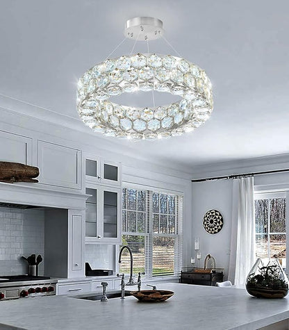 Crystal Chandeliers Modern Rings Pendant Light LED Dimmable Ceiling Light for Bedroom Dinning Room Kitchen Silver