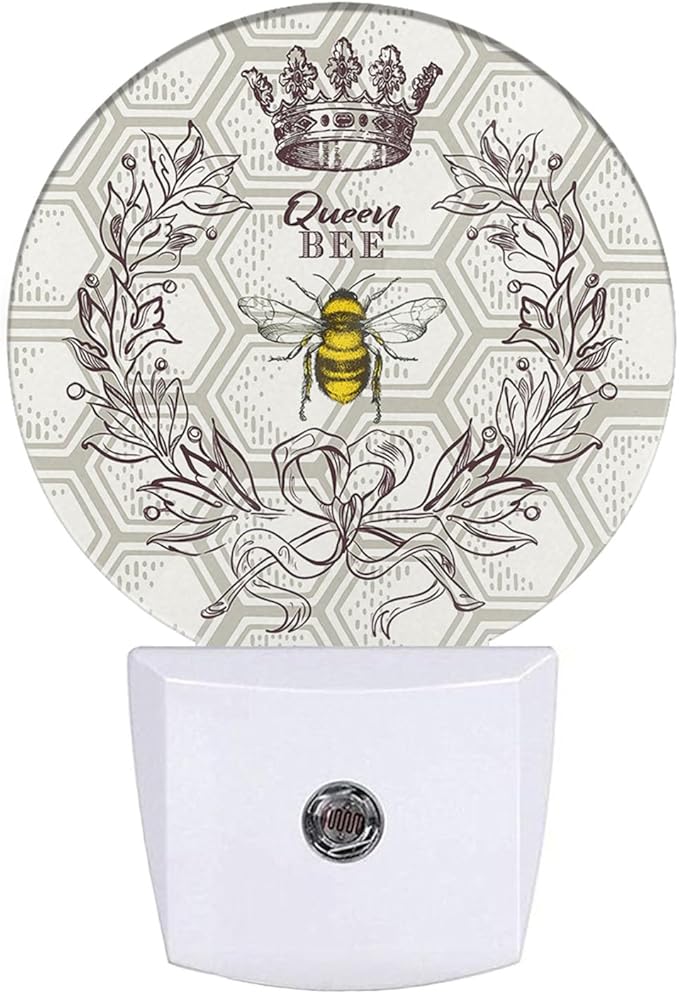 EKOBLA Queen Bee Plug-in Night Light, Bee Theme Round LED Nightlight with Auto Sensor, Dusk to Dawn Lighting for Bedroom, Hallway & Kitchen