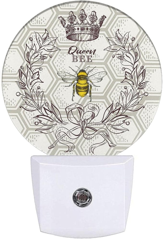 EKOBLA Queen Bee Plug-in Night Light, Bee Theme Round LED Nightlight with Auto Sensor, Dusk to Dawn Lighting for Bedroom, Hallway & Kitchen
