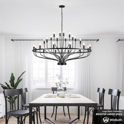 47.2" Large Black Chandelier 24 Light Rustic Industrial Candle Chandeliers Modern Farmhouse Vintage Wagon Wheel Chandelier for Dining Room, Kitchen Island, Hallway, Living Room, Foyer, E12