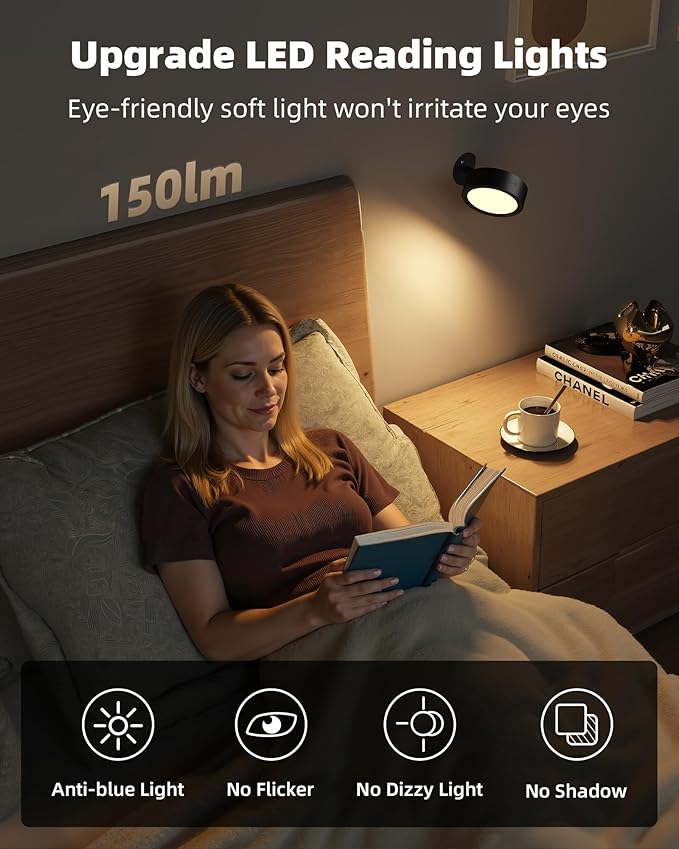 EZVALO LED Wall Mounted Lights, 3000mAh Rechargeable Wall Light Wall Sconces Lamp, 3 Color Temps & Remote and Touch Control, 360°Rotation Dimmable Cordless for Bedroom Reading Study Bedside (Black)