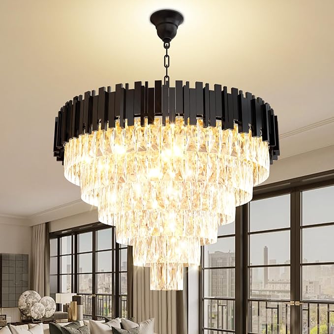 Large Crystal Chandeliers, Modern 32" Black Pendant Light, 6-Tier Round Crystal Ceiling Chandelier for High Ceiling, Foyer, Living Room, Staircase, Dining Room