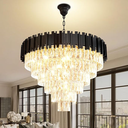 Large Crystal Chandeliers, Modern 32" Black Pendant Light, 6-Tier Round Crystal Ceiling Chandelier for High Ceiling, Foyer, Living Room, Staircase, Dining Room