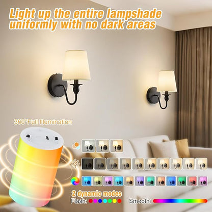 Battery Operated Wall Sconce Set of 2,Rechargeable Wall Sconce with 10000mAh Dimmable Bulb and Remote,LED 15 Colors Black Wireless Battery Powered Wall Lamp with Fabric for Bedroom Living Room