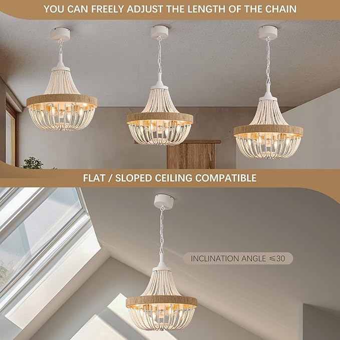 Luxury Empire Crystal Chandelier Fan with 64 Bead Strands, 7-Blade Invisible Fan, Remote/APP Controlled Ceiling Fan for Living Room, Bedroom, Dining Hall (White Wood Bead, 20" Farmhouse Style)