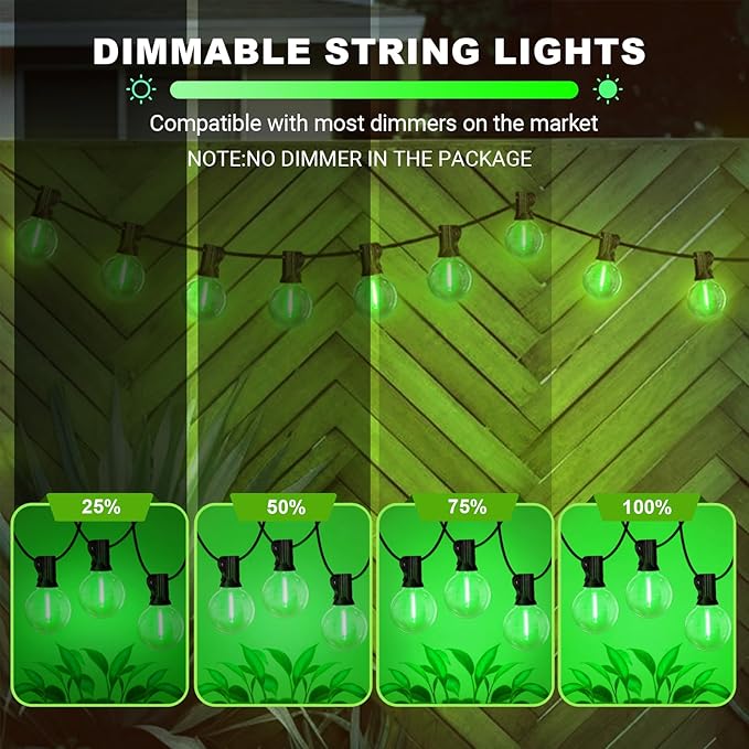LAMPHOME Green LED Outdoor String Lights, 26FT Patio Lights with 12+1 Shatterproof Edison Bulbs, UL Waterproof Connectable Dimmable Hanging Lights for Backyard Porch Garden Deck Balcony Decor