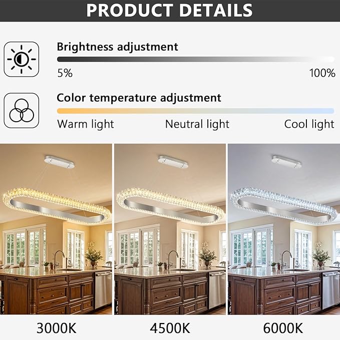 40'' Oval Ring Crystal Chandelier Modern LED Dimmable Ring Pendant Light Chandelier for Dining Room Living Room Silver