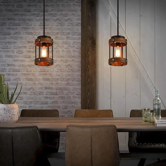 Rustic Farmhouse Wood Pendant Light Fixture One-Light Adjustable Rods Oak Wood and Metal Lantern Drum Small Pendant Lighting for Kitchen Island Sink Hallway Bathroom Bar Farmhouse, Black