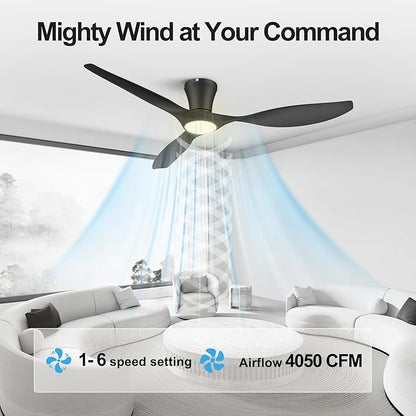 ocioc 52 inch Ceiling Fans with Lights and Remote, Dimmable Ceiling Fans with Reversible Quiet DC Motor, Flush Mount, 3CCT, Black Ceiling Fan for Bedroom Living Room Indoor/Outdoor