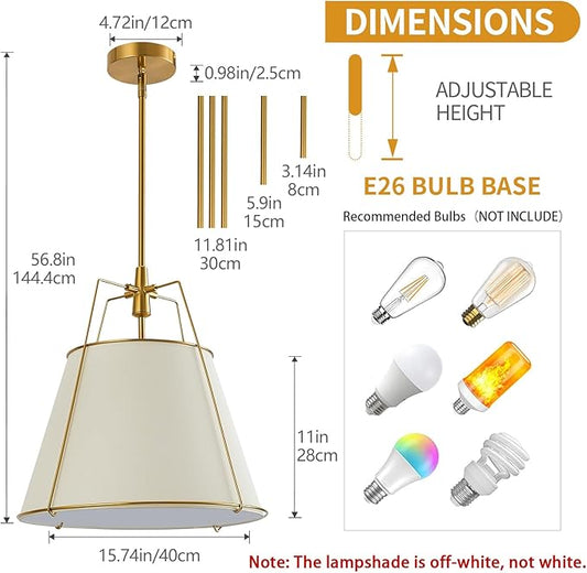 Modern Pendant Light Fixtures with 16" Off-White Linen Fabric Shade, Adjustable Hanging Light Fixture,3-Light Drum Gold Vintage Chandelier for Kitchen Island Bedroom Dining Room Foyer