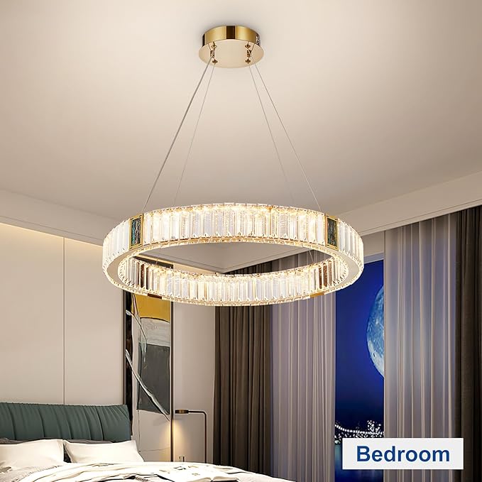 Depuley Modern LED Crystal Chandeliers: 23.6" Ring Chandelier Hanging Crystal Ceiling Light Fixture - 30W Adjustable Height Pendant Light for Living Room Dining Room Bedroom Foyer
