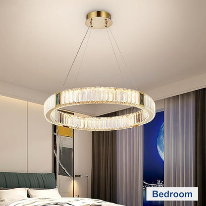 Depuley Modern LED Crystal Chandeliers: 23.6" Ring Chandelier Hanging Crystal Ceiling Light Fixture - 30W Adjustable Height Pendant Light for Living Room Dining Room Bedroom Foyer