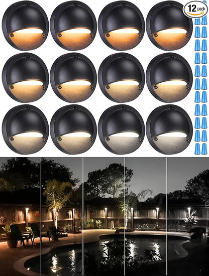 LEONLITE 12-Pack Update 5CCT LED Low Voltage Deck Lights, 180LM 3.74inch Landscape Step Railing Fence Light, 12-24V AC/DC, CRI90, Die-cast Aluminum Housing & Frosted Glass Lens, UL Cord, Black