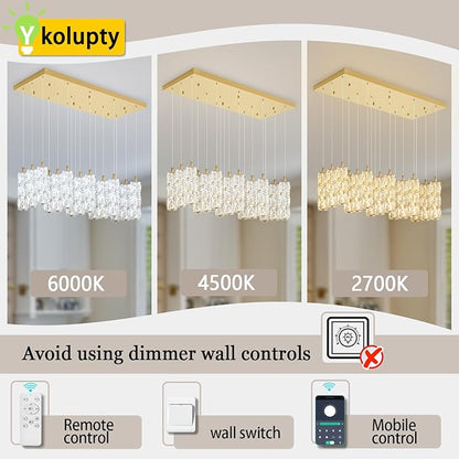 ykolupty Modern Rectangle Chandelier 16-Lights Crystal Chandeliers LED Dimmable Gold Linear Chandelier Flush Mount Crystal Pendant Light for Living Room Dining Room Foyer