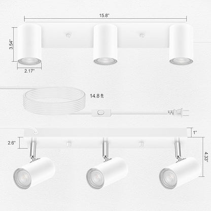 AUQUEE 3 Light Track Lighting Kit,White 3 Way Flexible Plug in Ceiling Spotlight,Industrial LED Wall Light for Kitchen Cabinet Gallery Bar Hallway Living Room,Rocker Switch,15 ft Cord(No Bulb)