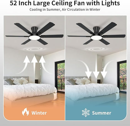 52 Inch Black Ceiling Fan with Lights and Remote, Flush Mount Low Profile 6 Blades with 10 Inch Lighting Fixture, Quiet Reversible DC Motor for Living Room, Bedroom and Patio