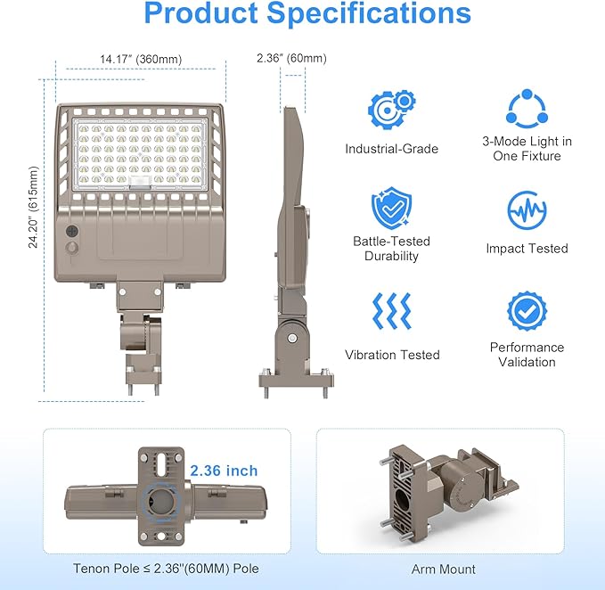 480V LED Parking Lot Light with Photocell, 240W 36000LM High Output LED Street Light, UL Listed IP65 Waterproof 5000K Commercial Shoebox Light for Stadium Driveway, Arm Mount