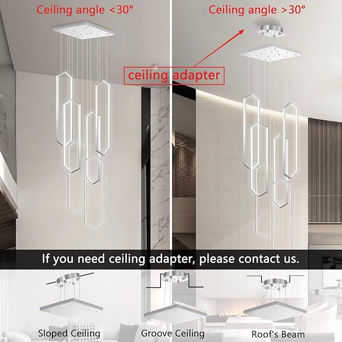 6 Rings Modern Chandelier LED Dimmable Long Large High Ceiling Chandelier Adjust Flush Mount Ceiling Light for Foyer Lobby Living Room Staircaes Sliver