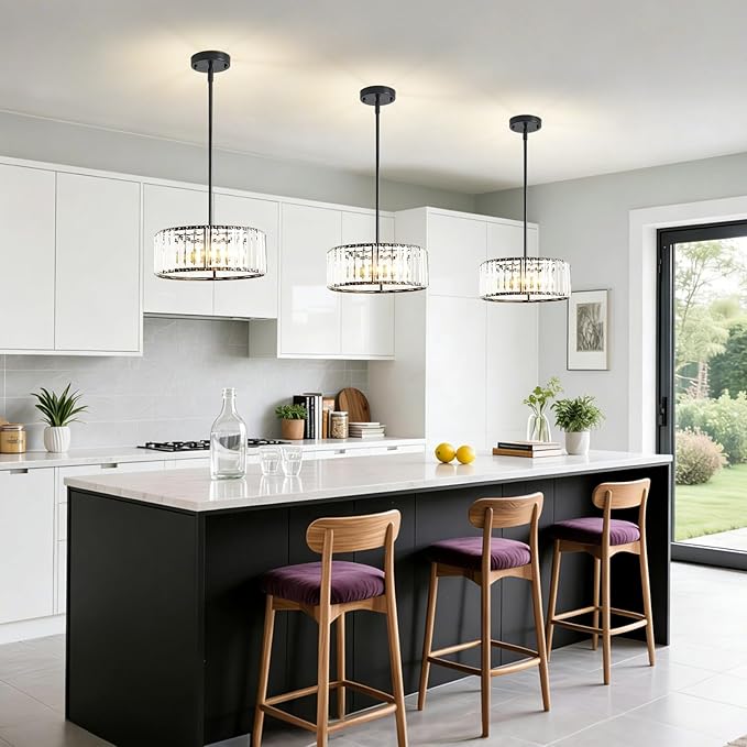 Black Crystal Chandelier for Dining Room,Modern Semi Flush Mount Ceiling Light Fixtures,3-Ligh Round Kitchen Hanging Drum Pendant Light Fixture for Hallway Entryway Foyer Laundry Room, 12''