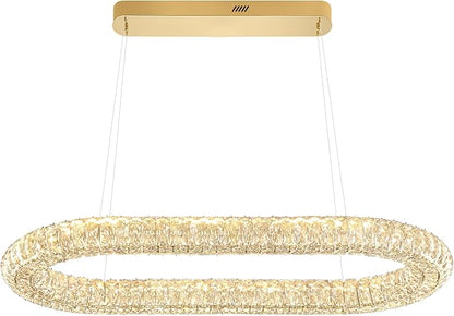 Crystal Ring Chandelierfor Living Room, 40'' Gold Ring Pendant Light for Kitchen Island Modern Dimmable Linear Oval Chandeliers for Dining Room