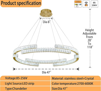 D47.5'' Gold Modern Crystal Ring Chandeliers for Living Room Dinning Room Crystal Pendant Light Dimmable 3000k-6000k