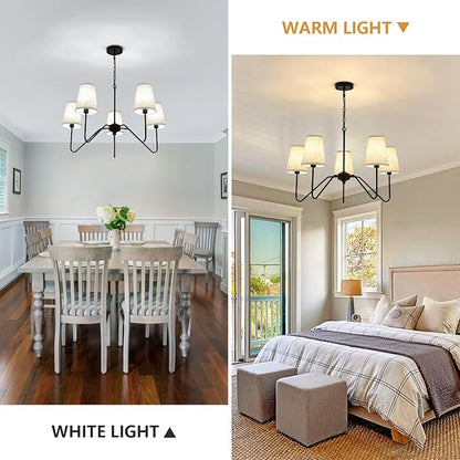 Chandelier with Linen Shade, Black Dining Room Light Fixtures Over Table, Classic Pendant Light Fixtures Ceiling Hanging Lighting for Living Room Bedroom, 5-Arm, 30" Dia